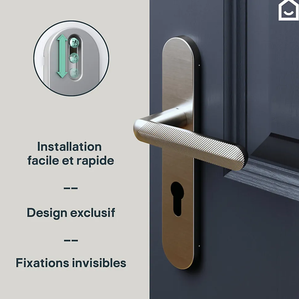 Ensemble poignée sur plaque rondcylindre GoodHome Garlan effet nickel satin gris L.125mm x l.42mm entraxe 165-195mm