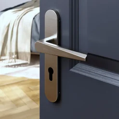 Ensemble poignée sur plaque rondcylindre GoodHome Keri effet nickel satin gris L.140mm x l.42mm entraxe 165-195mm