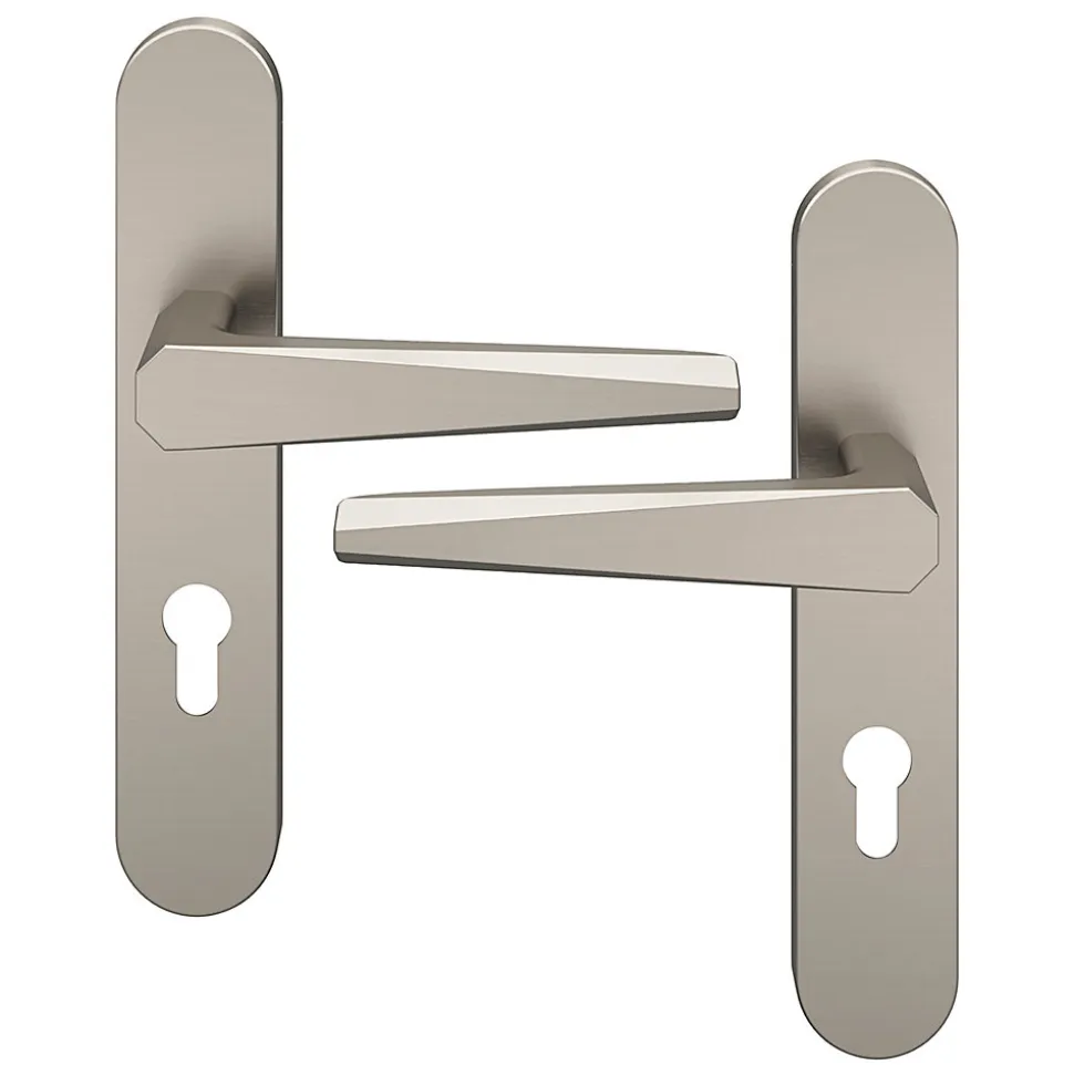 Ensemble poignée sur plaque rondcylindre GoodHome Keri effet nickel satin gris L.140mm x l.42mm entraxe 165-195mm