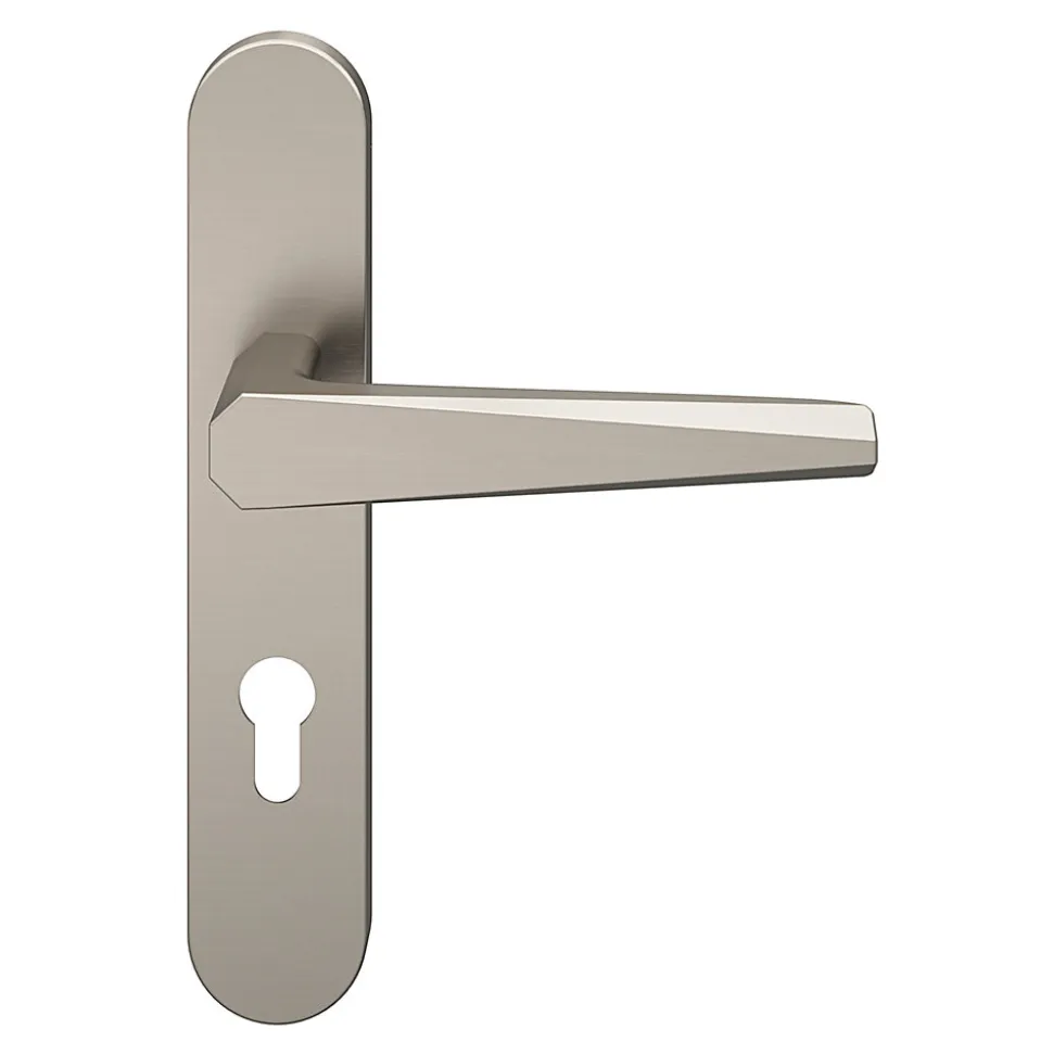Ensemble poignée sur plaque rondcylindre GoodHome Keri effet nickel satin gris L.140mm x l.42mm entraxe 165-195mm
