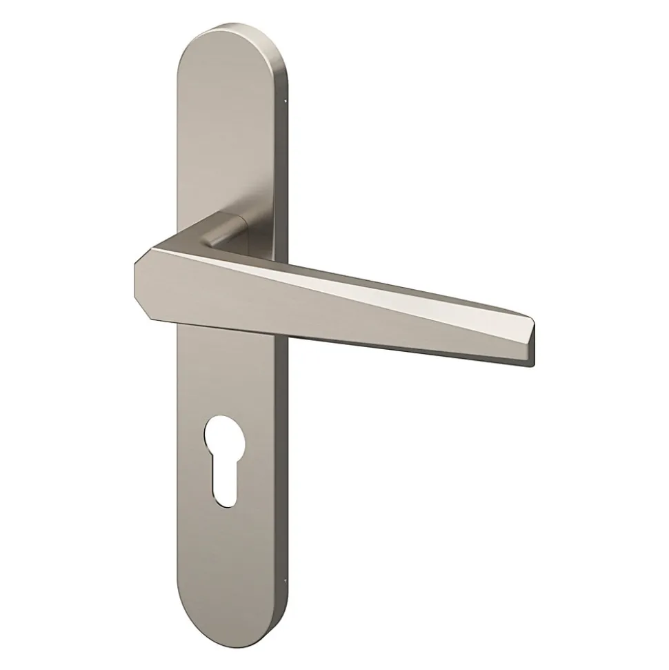 Ensemble poignée sur plaque rondcylindre GoodHome Keri effet nickel satin gris L.140mm x l.42mm entraxe 165-195mm