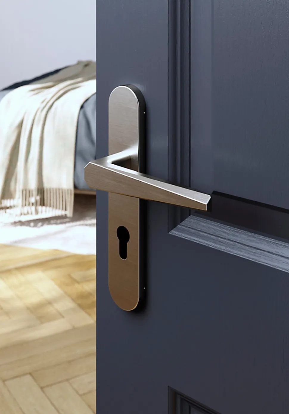 Ensemble poignée sur plaque rondcylindre GoodHome Keri effet nickel satin gris L.140mm x l.42mm entraxe 165-195mm