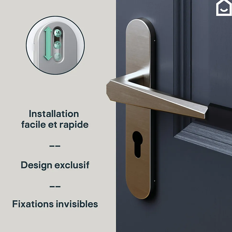 Ensemble poignée sur plaque rondcylindre GoodHome Keri effet nickel satin gris L.140mm x l.42mm entraxe 165-195mm