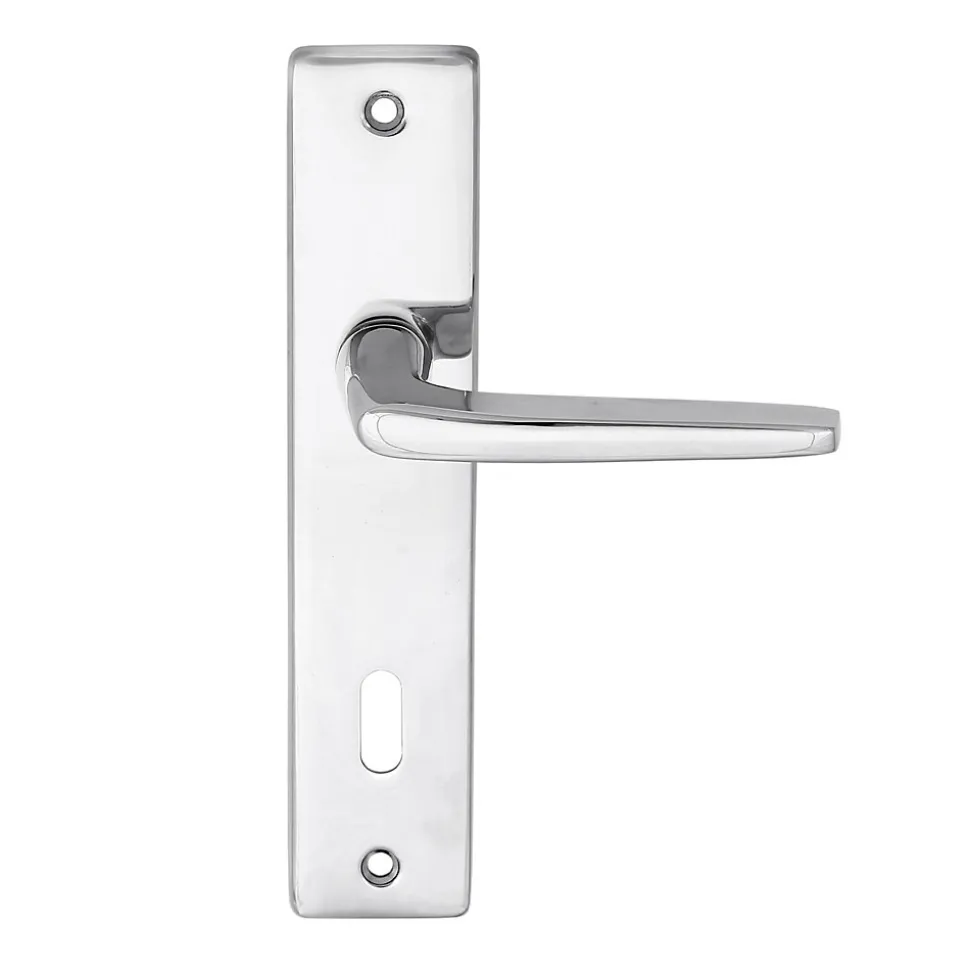 Ensemble poignée sur plaque rectangulaire serrure Colan effet chromé brillant gris L.106mm x l.39.8mm entraxe 165mm