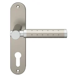 Ensemble poignée sur plaque rondcylindre GoodHome Brigg effet chrome et nickel satin gris L.132mm x l.40mm entraxe 165mm