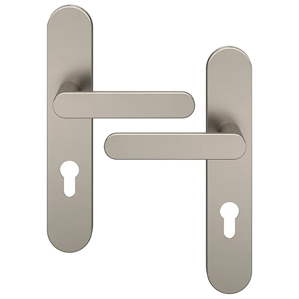Ensemble poignée sur plaque rondcylindre GoodHome Minzh effet nickel satin gris L.120mm x l.42mm entraxe 165-195mm