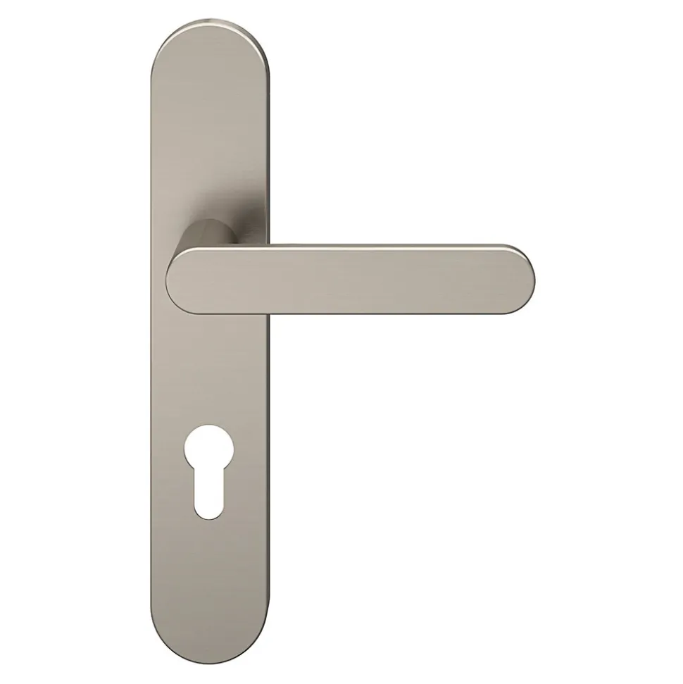 Ensemble poignée sur plaque rondcylindre GoodHome Minzh effet nickel satin gris L.120mm x l.42mm entraxe 165-195mm