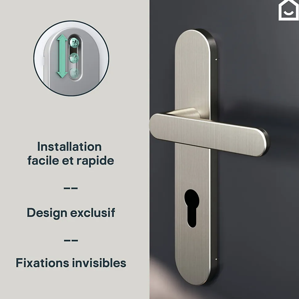 Ensemble poignée sur plaque rondcylindre GoodHome Minzh effet nickel satin gris L.120mm x l.42mm entraxe 165-195mm