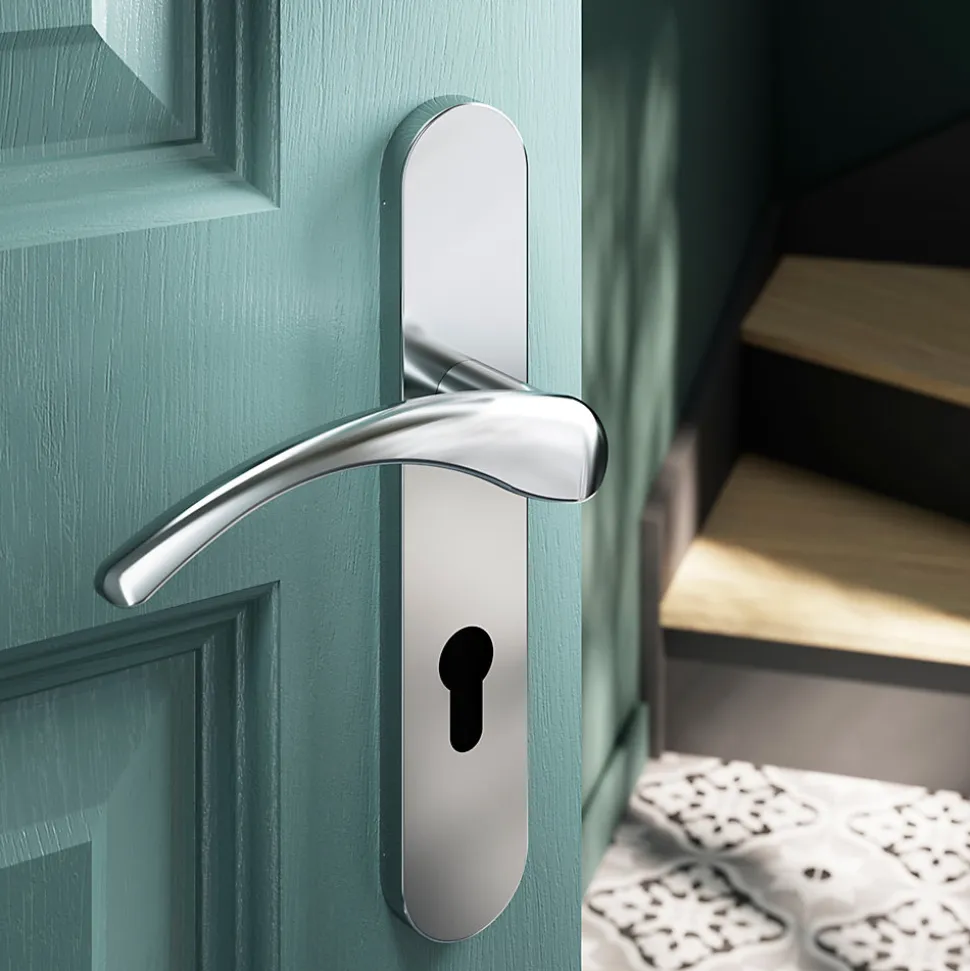 Ensemble poignée sur plaque rondcylindre GoodHome Ruis effet chromé gris L.138.5mm x l.42mm entraxe 165-195mm
