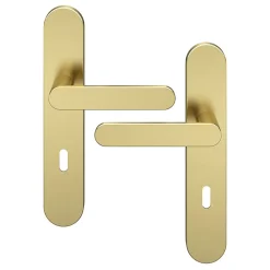 Ensemble poignée sur plaque rond serrure GoodHome Minzh effet laiton satin doré L.120mm x l.42mm entraxe 165-195mm