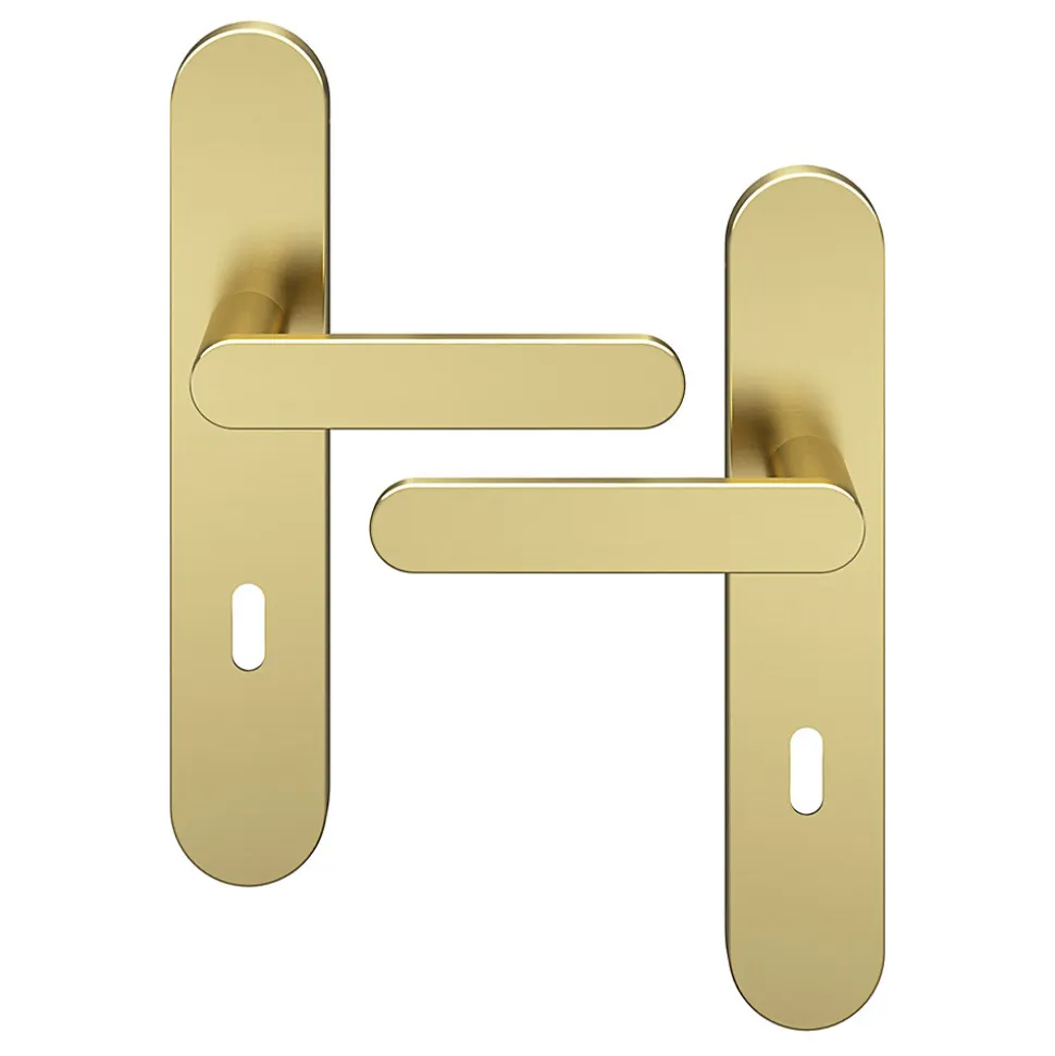 Ensemble poignée sur plaque rond serrure GoodHome Minzh effet laiton satin doré L.120mm x l.42mm entraxe 165-195mm