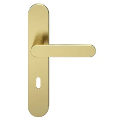 Ensemble poignée sur plaque rond serrure GoodHome Minzh effet laiton satin doré L.120mm x l.42mm entraxe 165-195mm