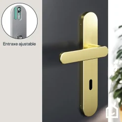 Ensemble poignée sur plaque rond serrure GoodHome Minzh effet laiton satin doré L.120mm x l.42mm entraxe 165-195mm