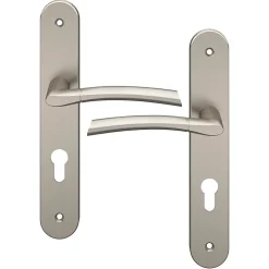 Ensemble poignée sur plaque rond cylindre GoodHome Hirel effet nickel satin gris chromé L.128mm x l.40mm entraxe 195mm
