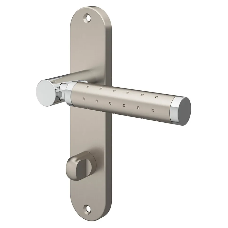 Ensemble poignée sur plaque rond à condamnation GoodHome Brigg effet chrome et nickel satin gris L.132mm x l.40mm entraxe 165mm