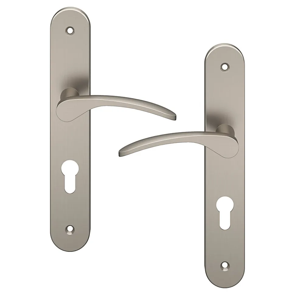 Ensemble poignée sur plaque rondcylindre GoodHome Beare effet nickel satin gris L.110.5mm x l.40mm entraxe 195mm