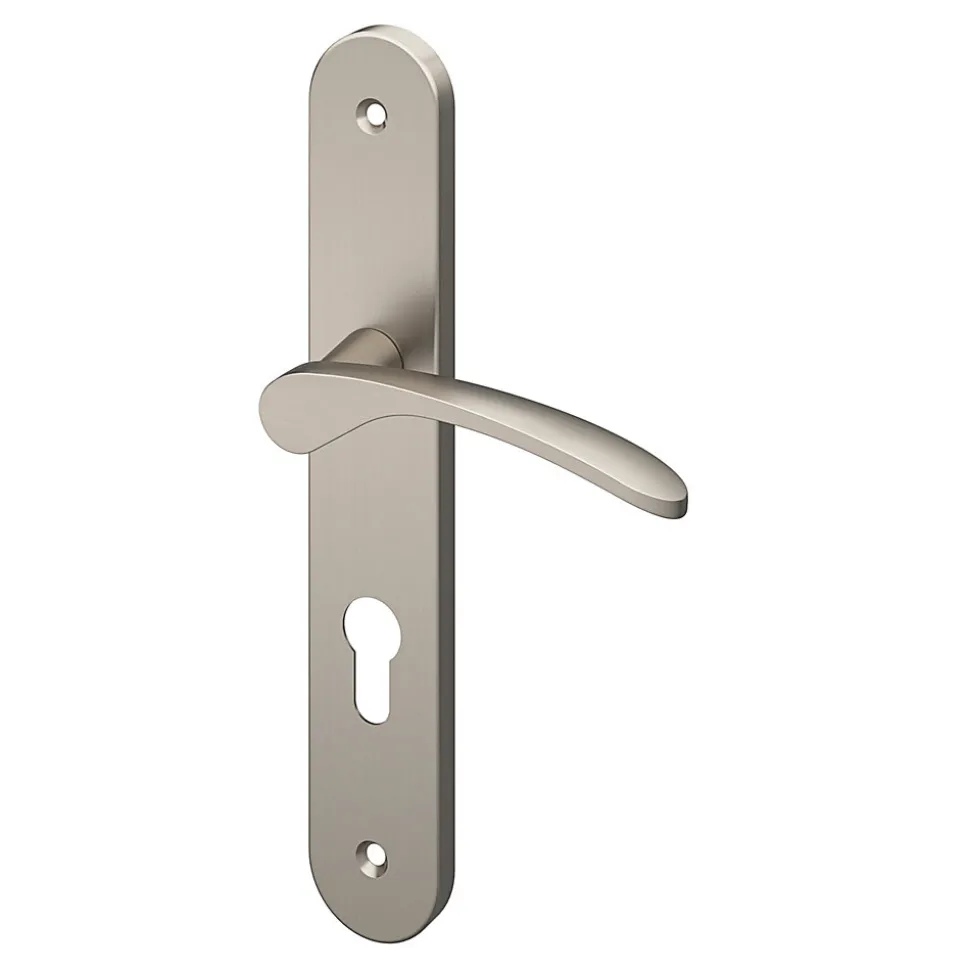 Ensemble poignée sur plaque rondcylindre GoodHome Beare effet nickel satin gris L.110.5mm x l.40mm entraxe 195mm