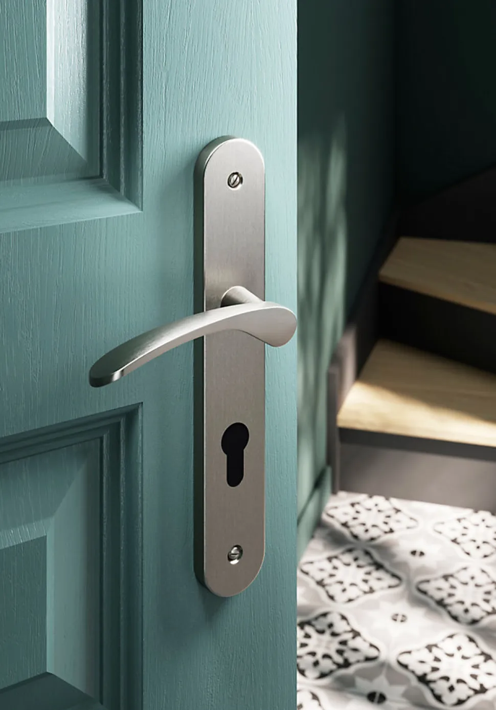 Ensemble poignée sur plaque rondcylindre GoodHome Beare effet nickel satin gris L.110.5mm x l.40mm entraxe 195mm