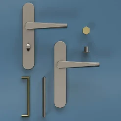 Ensemble poignée sur plaque rond GoodHome Keri effet nickel satin gris L.140mm x l.42mm entraxe 165-195mm