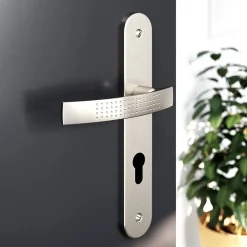 Ensemble poignée sur plaque rondcylindre GoodHome Diss effet nickel satin gris L.139mm x l.40mm entraxe 195mm