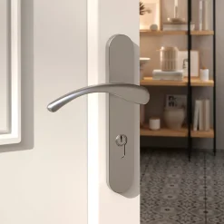 Ensemble poignée sur plaque rond GoodHome Ruis effet nickel satin gris L.138.5mm x l.40mm entraxe 195mm