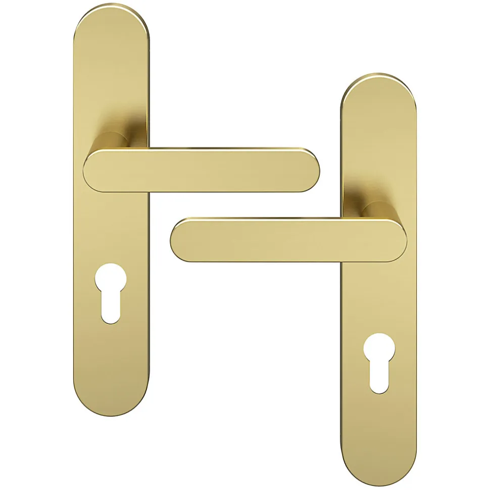 Ensemble poignée sur plaque rondcylindre GoodHome Minzh effet laiton satin doré L.120mm x l.42mm entraxe 165-195mm
