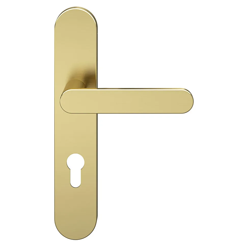 Ensemble poignée sur plaque rondcylindre GoodHome Minzh effet laiton satin doré L.120mm x l.42mm entraxe 165-195mm