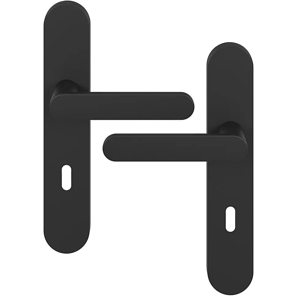Ensemble poignée sur plaque rond serrure GoodHome Minzh effet nickel mat noir L.120mm x l.42mm entraxe 165-195mm