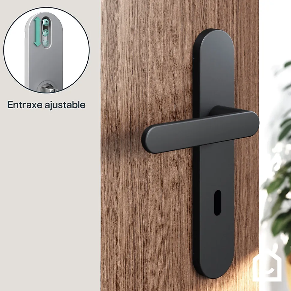 Ensemble poignée sur plaque rond serrure GoodHome Minzh effet nickel mat noir L.120mm x l.42mm entraxe 165-195mm
