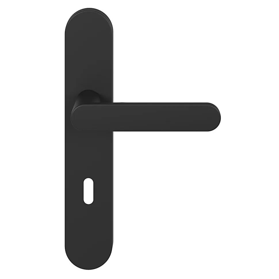Ensemble poignée sur plaque rond serrure GoodHome Minzh effet nickel mat noir L.120mm x l.42mm entraxe 165-195mm