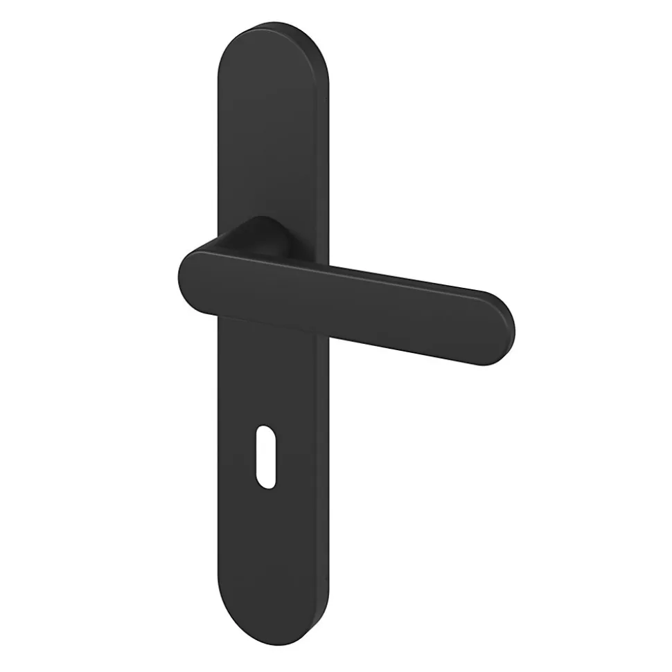 Ensemble poignée sur plaque rond serrure GoodHome Minzh effet nickel mat noir L.120mm x l.42mm entraxe 165-195mm