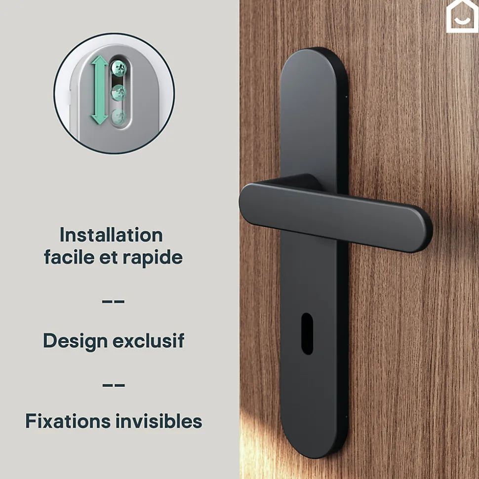 Ensemble poignée sur plaque rond serrure GoodHome Minzh effet nickel mat noir L.120mm x l.42mm entraxe 165-195mm