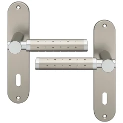 Ensemble poignée sur plaque rond serrure GoodHome Brigg effet chrome et nickel satin gris L.132mm x l.40mm entraxe 165mm