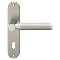 Ensemble poignée sur plaque rond serrure GoodHome Brigg effet chrome et nickel satin gris L.132mm x l.40mm entraxe 165mm