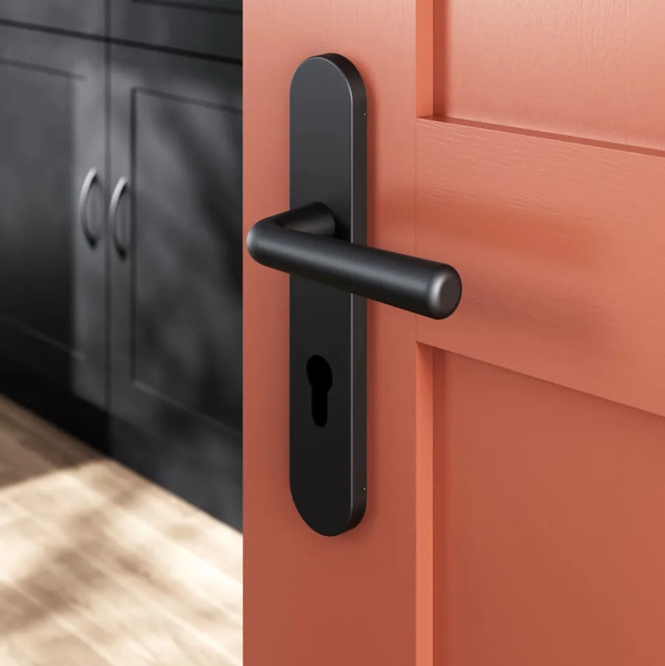 Ensemble poignée sur plaque rondcylindre GoodHome Dizel effet nickel mat noir L.121.5mm x l.42mm entraxe 165-195mm