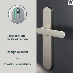 Ensemble poignée sur plaque rond GoodHome Minzh effet nickel satin gris L.120mm x l.42mm entraxe 165-195mm
