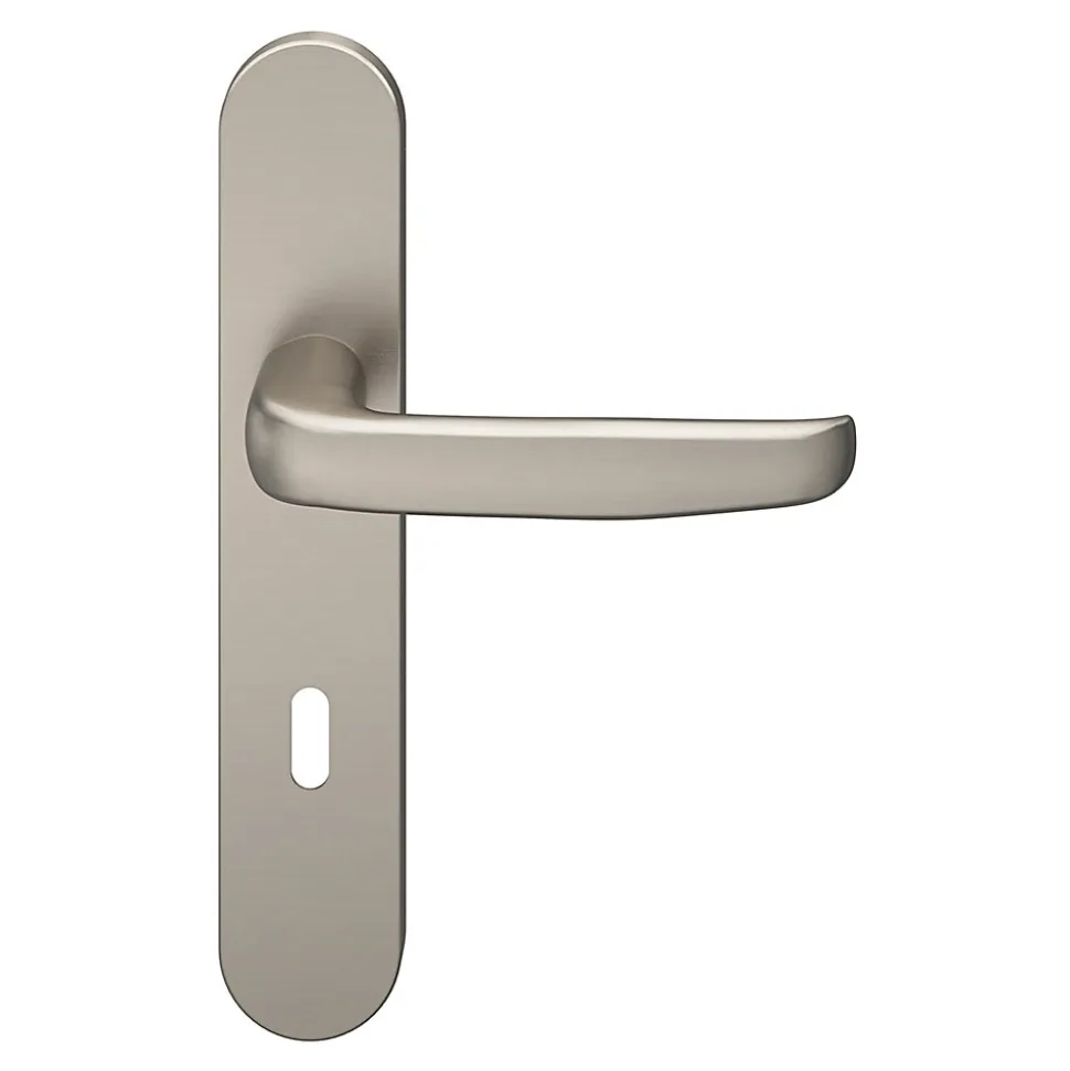 Ensemble poignée sur plaque rond serrure GoodHome Govlin effet nickel satin gris L.130mm x l.42mm entraxe 165-195mm
