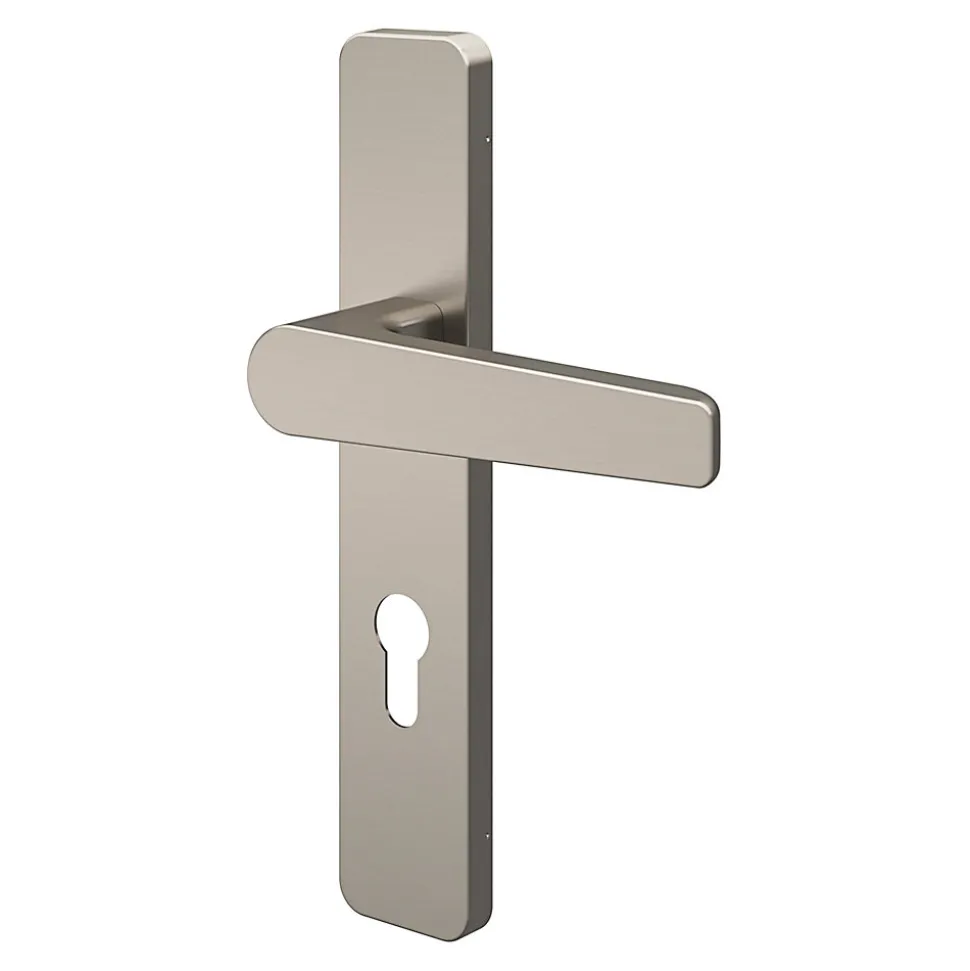 Ensemble poignée sur plaque rectangulairecylindre GoodHome Kerver effet nickel satin gris L.128mm x l.42mm entraxe 165-195mm