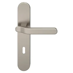 Ensemble poignée sur plaque rond serrure GoodHome Prat effet nickel satin gris L.129mm x l.42mm entraxe 165-195mm
