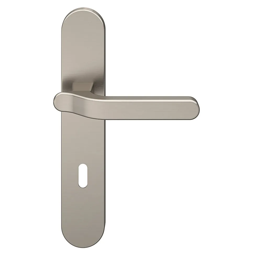 Ensemble poignée sur plaque rond serrure GoodHome Prat effet nickel satin gris L.129mm x l.42mm entraxe 165-195mm