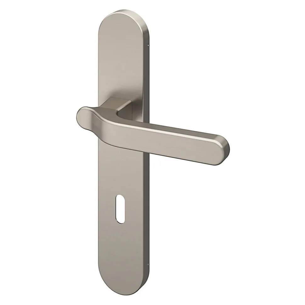 Ensemble poignée sur plaque rond serrure GoodHome Prat effet nickel satin gris L.129mm x l.42mm entraxe 165-195mm