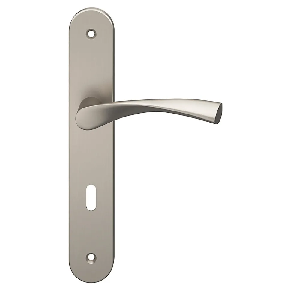 Ensemble poignée sur plaque rond serrure GoodHome Breage effet nickel satin gris L.120.5mm x l.40mm entraxe 195mm