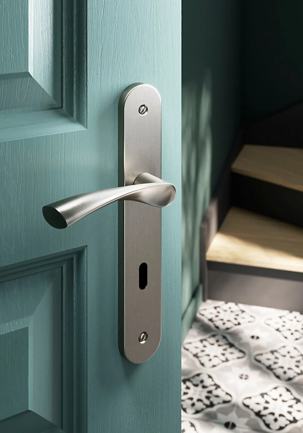 Ensemble poignée sur plaque rond serrure GoodHome Breage effet nickel satin gris L.120.5mm x l.40mm entraxe 195mm