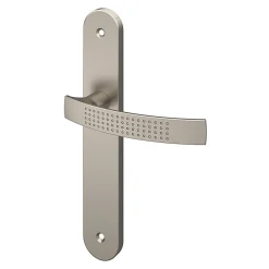 Ensemble poignée sur plaque rond GoodHome Diss effet nickel satin gris L.139mm x l.40mm entraxe 195mm