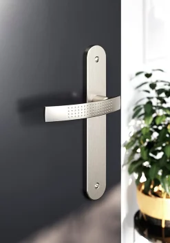 Ensemble poignée sur plaque rond GoodHome Diss effet nickel satin gris L.139mm x l.40mm entraxe 195mm