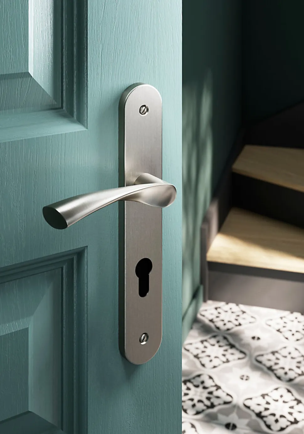 Ensemble poignée sur plaque rondcylindre GoodHome Breage effet nickel satin gris L.120.5mm x l.40mm entraxe 195mm