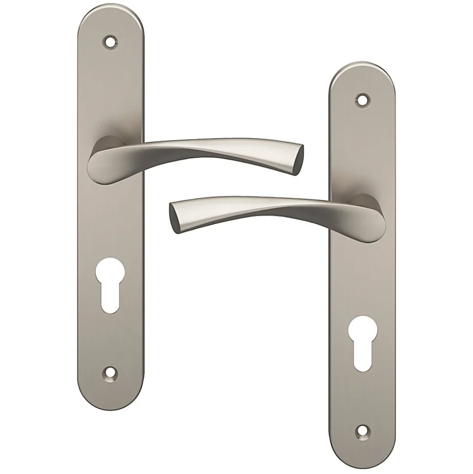 Ensemble poignée sur plaque rondcylindre GoodHome Breage effet nickel satin gris L.120.5mm x l.40mm entraxe 195mm