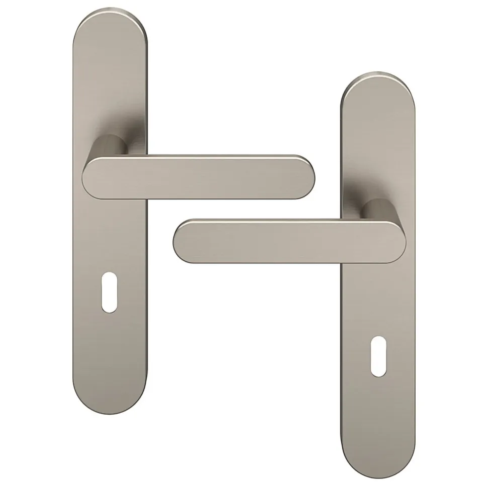 Ensemble poignée sur plaque rond serrure GoodHome Minzh effet nickel satin gris L.120mm x l.42mm entraxe 165-195mm