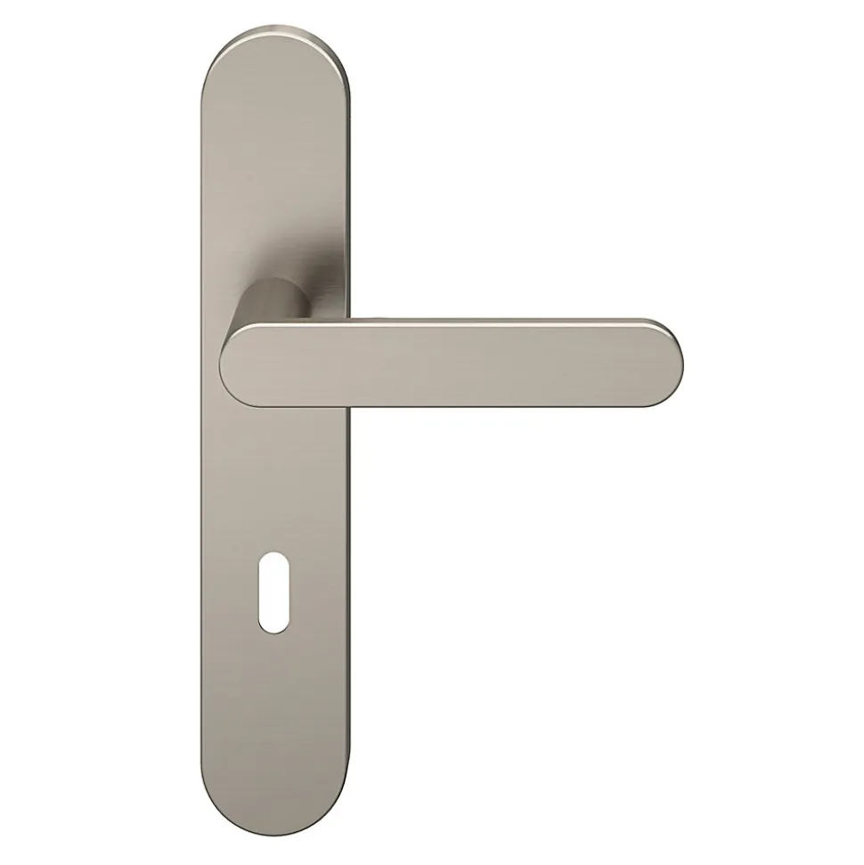 Ensemble poignée sur plaque rond serrure GoodHome Minzh effet nickel satin gris L.120mm x l.42mm entraxe 165-195mm
