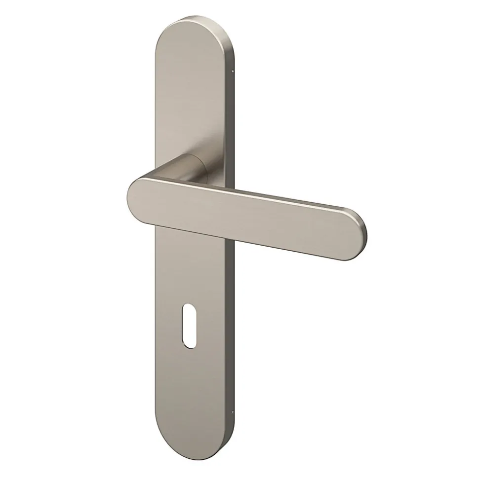 Ensemble poignée sur plaque rond serrure GoodHome Minzh effet nickel satin gris L.120mm x l.42mm entraxe 165-195mm